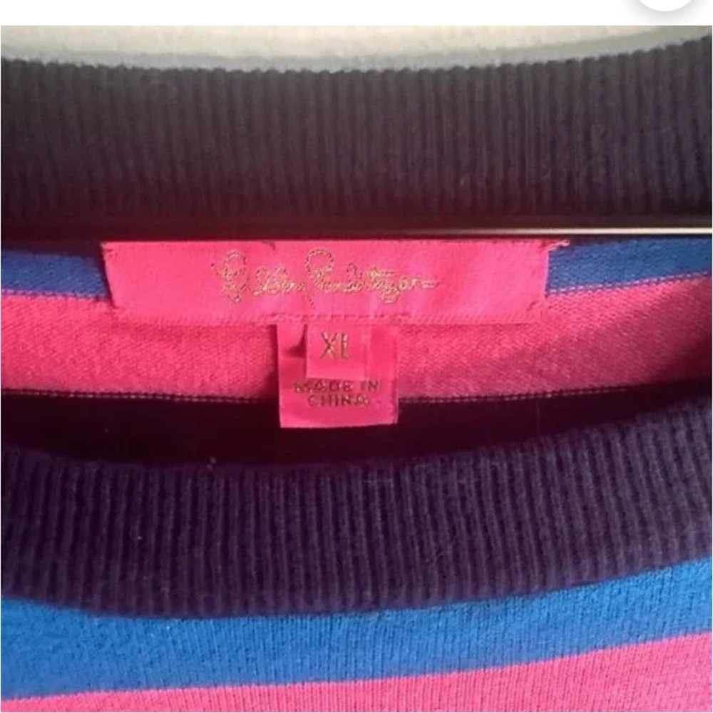 Lilly Pulitzer Striped Pink & Blue Crewneck Sweater with Shoulder Buttons XL - Picture 3 of 7